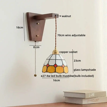 DecorBites led glass sconce wall lamp with geometric white yellow red stained glass and brass-finished copper socket