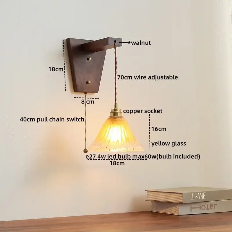 Warm yellow glass pendant wall lamp with walnut bracket and copper socket by decorbites led glass sconce Nordic stair light