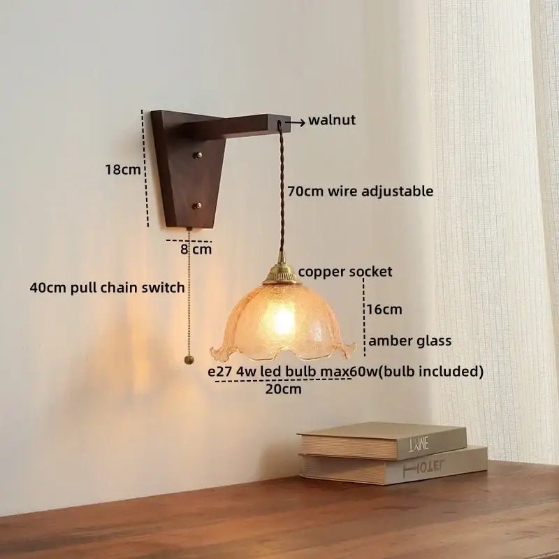 Warm amber glass decorbites led glass sconce wall lamp with walnut bracket and copper socket for Nordic stair lighting