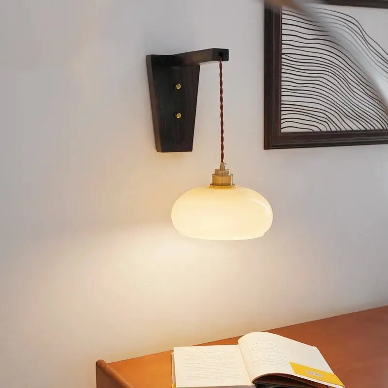 Warm-toned oval led glass sconce wall lamp with brass fixture and dark wood bracket by decorbites led glass
