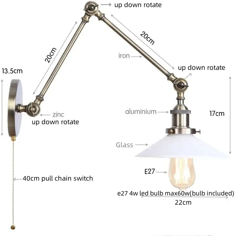 Industrial-style decorbites led glass swing wall lamp with zinc aluminum arm white glass shade and e27 led bulb