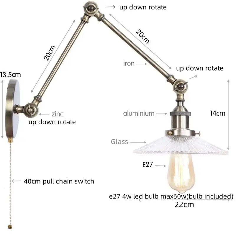 Adjustable decorbites led glass swing wall lamps with brass zinc arm and textured glass shade for bedroom and bathroom lighting