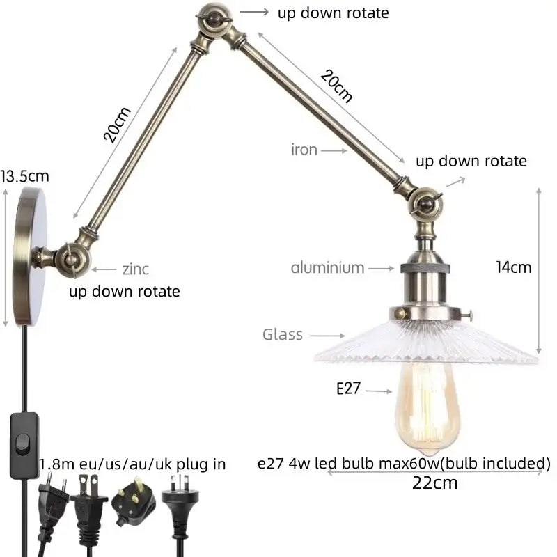Adjustable DecorBites LED glass swing arm wall lamp with brass iron aluminum arm and clear glass shade for bedroom and bathroom