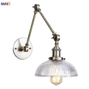 Antique brass decorbites led glass swing arm wall lamp with ribbed glass shade and exposed filament bulb for bedroom and bathroom