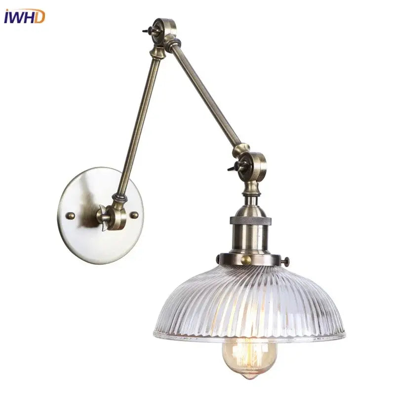 Antique brass decorbites led glass swing arm wall lamp with ribbed glass shade and exposed filament bulb for bedroom and bathroom