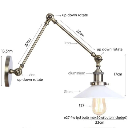 Adjustable decorbites led glass swing wall lamp with brass-finished iron arm and white glass shade including e27 led bulb