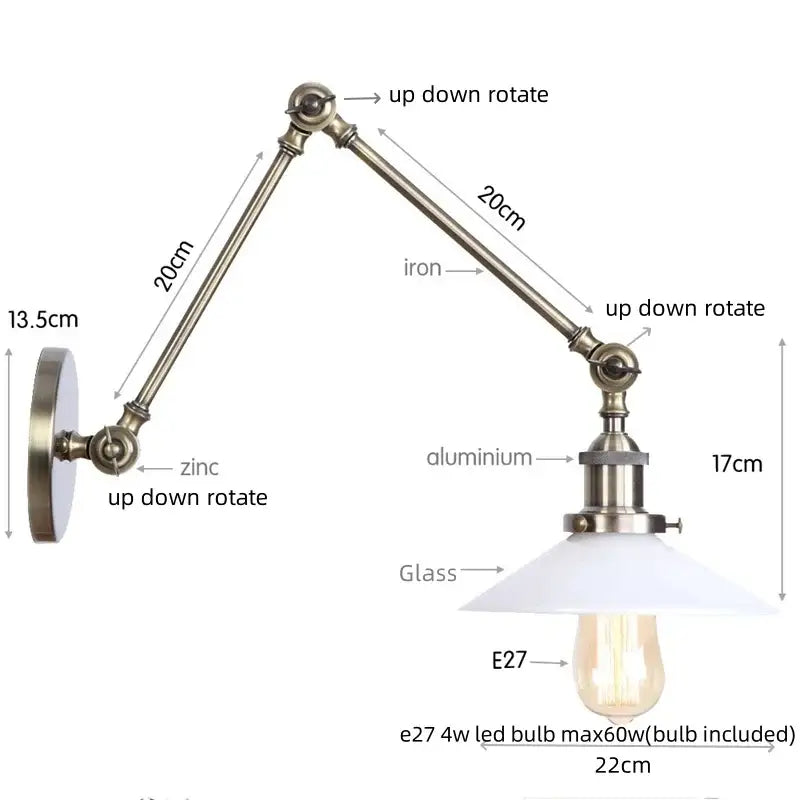 Adjustable decorbites led glass swing wall lamp with brass-finished iron arm and white glass shade including e27 led bulb