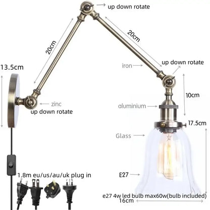 Antique brass-finished decorbites led glass swing arm wall lamp with clear glass bell shade and e27 led bulb for indoor use