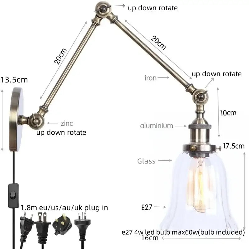 Antique brass-finished decorbites led glass swing arm wall lamp with clear glass bell shade and e27 led bulb for indoor use