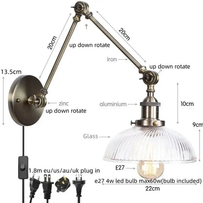 Adjustable DecorBites LED glass swing wall lamp with brass-finished iron arm and ribbed glass shade for bedroom and bathroom