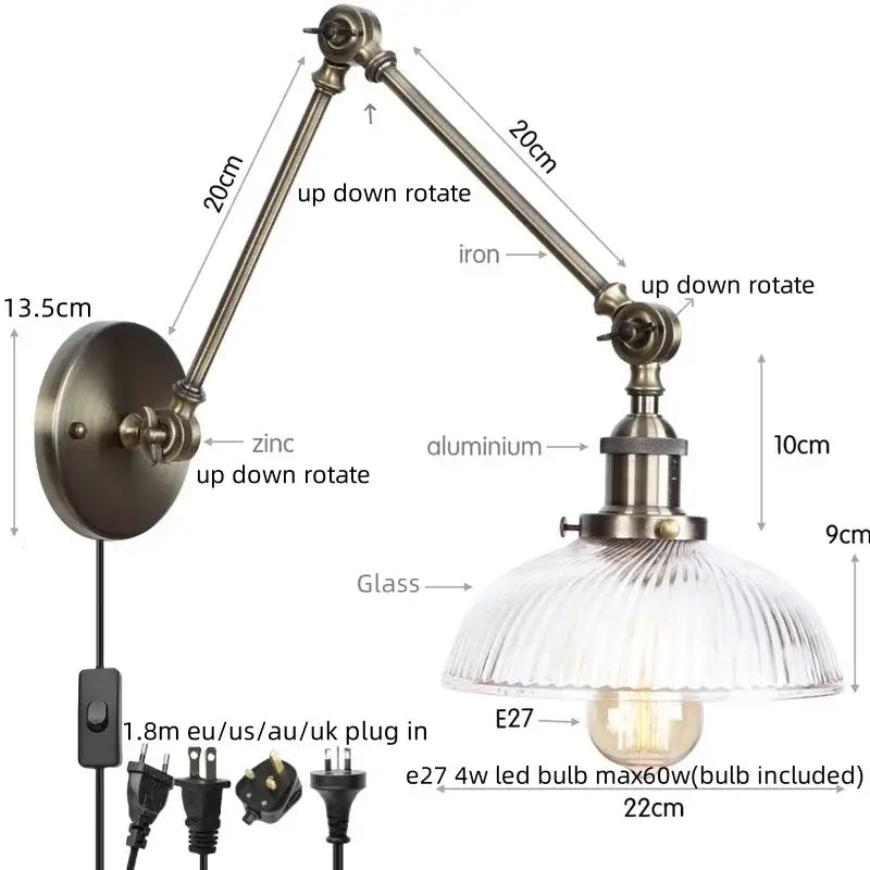 Adjustable DecorBites LED glass swing wall lamp with brass-finished iron arm and ribbed glass shade for bedroom and bathroom