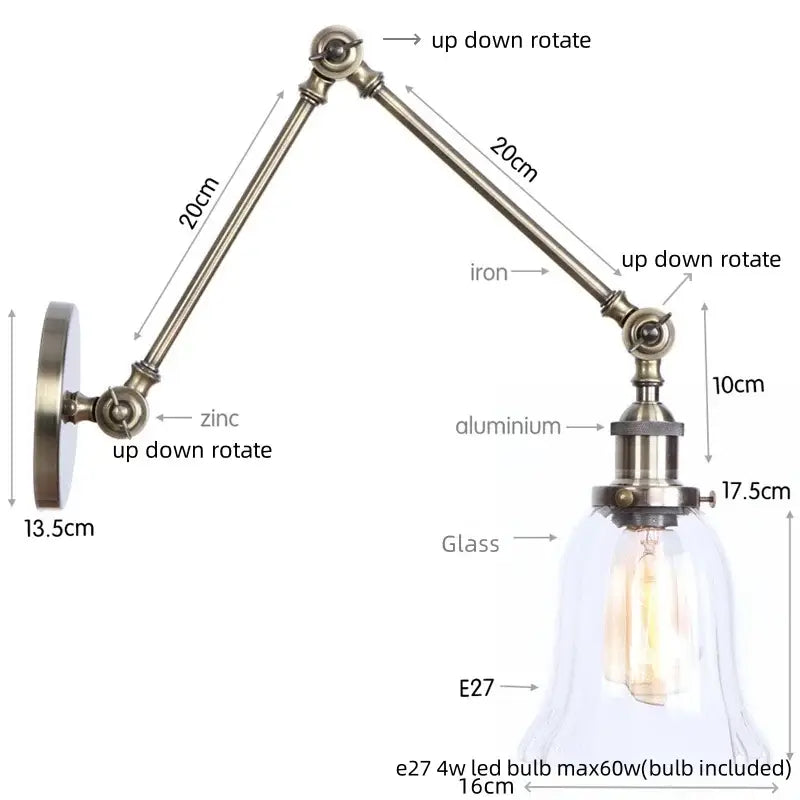 Adjustable industrial-style DecorBites LED glass swing arm wall lamp with brass zinc aluminum arm and glass bell shade with E27 bulb