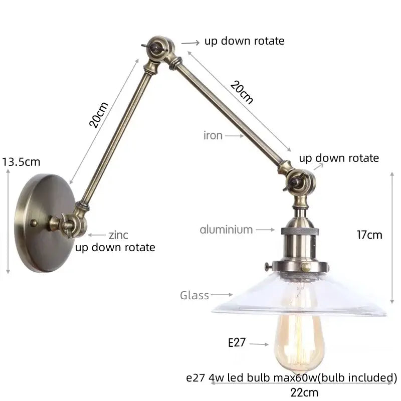 Adjustable decorbites led glass swing arm wall lamp with zinc aluminum arm clear glass shade and e27 led bulb for bedroom