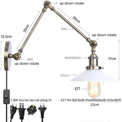 Industrial zinc and aluminum wall lamps with white glass shade and adjustable arms from decorbites led glass swing collection