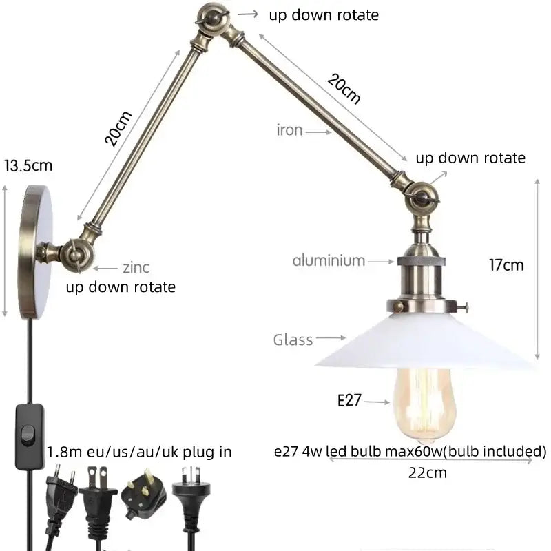 Industrial zinc and aluminum wall lamps with white glass shade and adjustable arms from decorbites led glass swing collection