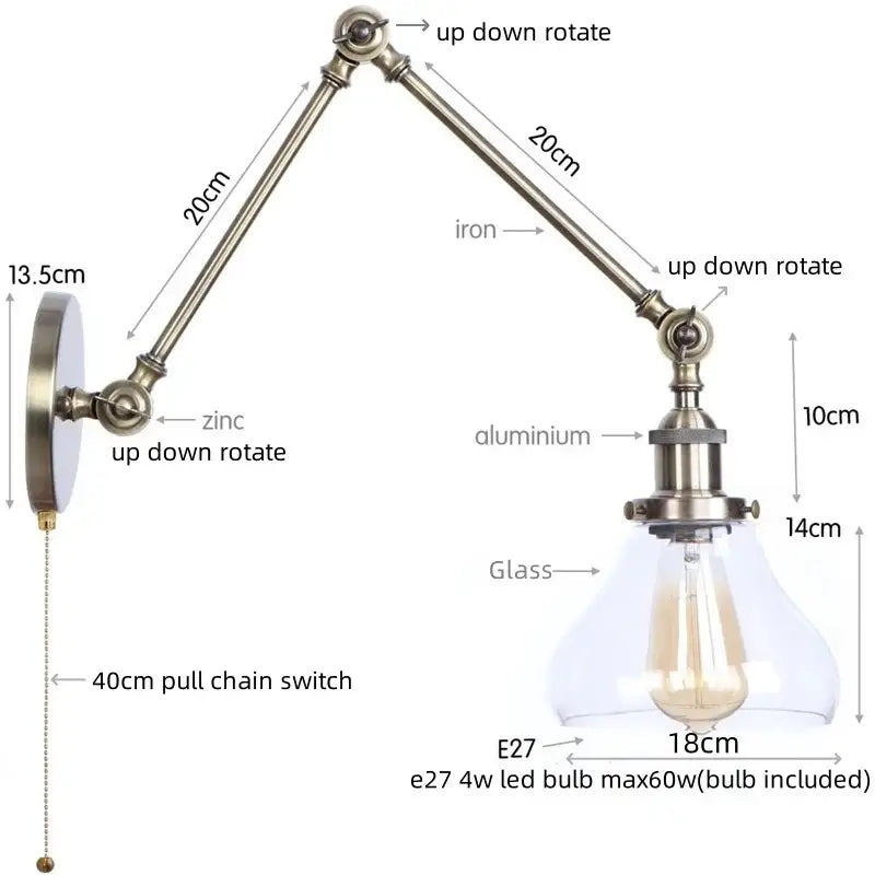 Adjustable vintage-style decorbites led glass swing wall lamps with brass iron arm and clear glass shade for bedroom and stairway