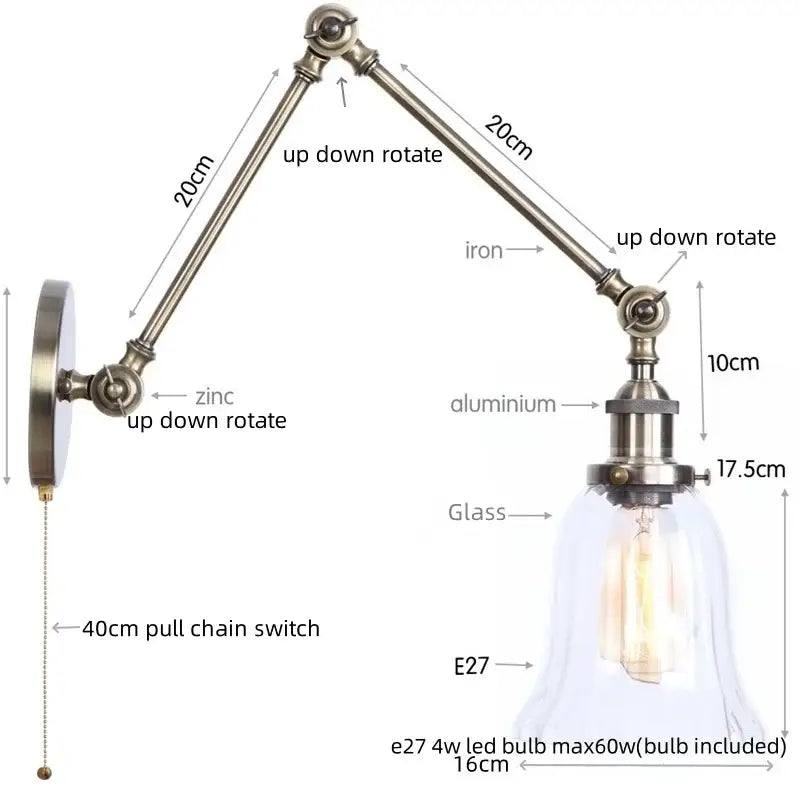 Adjustable decorbites led glass swing wall lamp with brass metal arm and glass bell shade for bedroom and bathroom