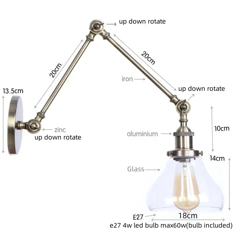 Adjustable vintage-style decorbites led glass swing wall lamp with brass-finished iron arm and clear glass shade for bedroom and bathroom
