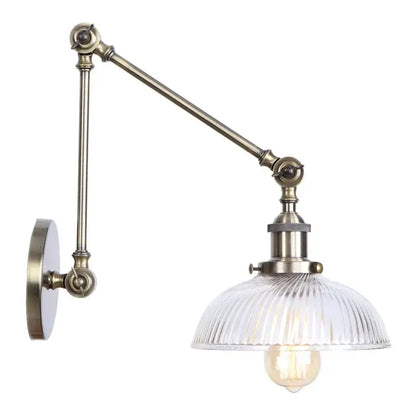 Antique brass decorbites led glass swing adjustable wall lamp with ribbed glass shade and filament bulb for bedroom and bathroom