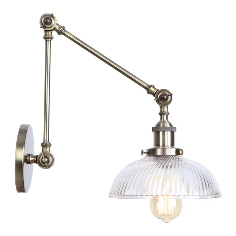Antique brass decorbites led glass swing adjustable wall lamp with ribbed glass shade and filament bulb for bedroom and bathroom