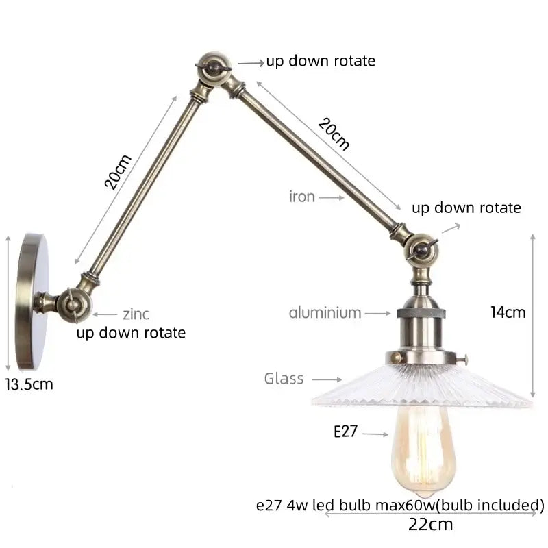 Adjustable industrial wall lamps decorbites led glass swing with brushed brass finish iron aluminum arm and e27 led bulb