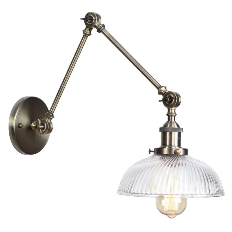 Antique brass adjustable decorbites led glass swing arm wall lamp with ribbed shade and exposed filament bulb
