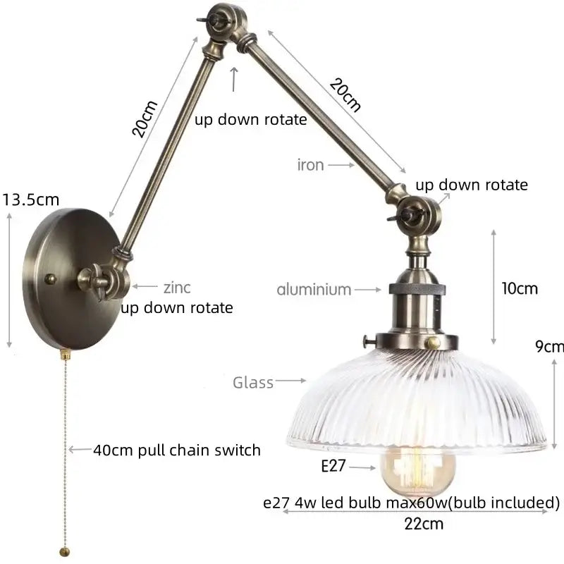Industrial-style decorbites led glass swing arm wall lamp with brass frame ribbed glass shade e27 led bulb for bedroom and stairway