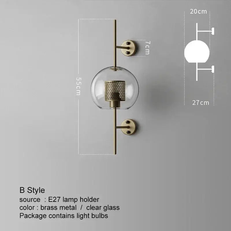 DecorBites™ led glass wall lamp with brass metal and clear glass globe housing e27 lamp holder for modern bedroom decor