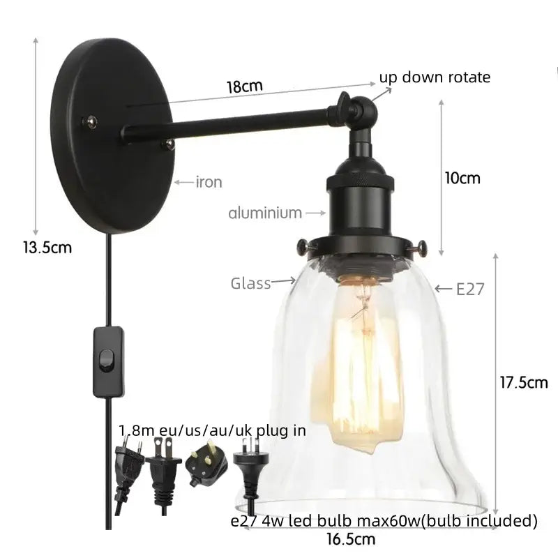 DecorBites LED glass wall lamp in black iron and aluminum with clear glass bell shade and E27 LED bulb for home decor