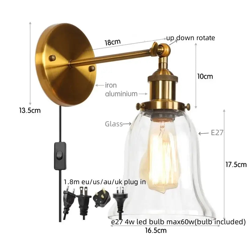 Brass-finished decorbites led glass wall lamp with clear bell-shaped shade and exposed edison bulb for home decor