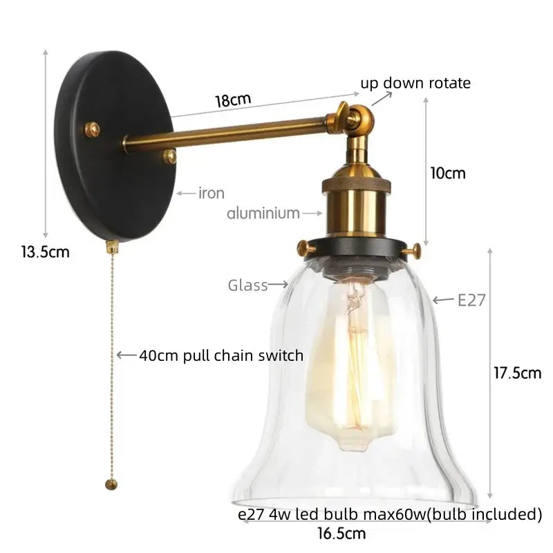 DecorBites led glass wall lamp with black iron backplate brass arm and clear bell-shaped shade for industrial decor
