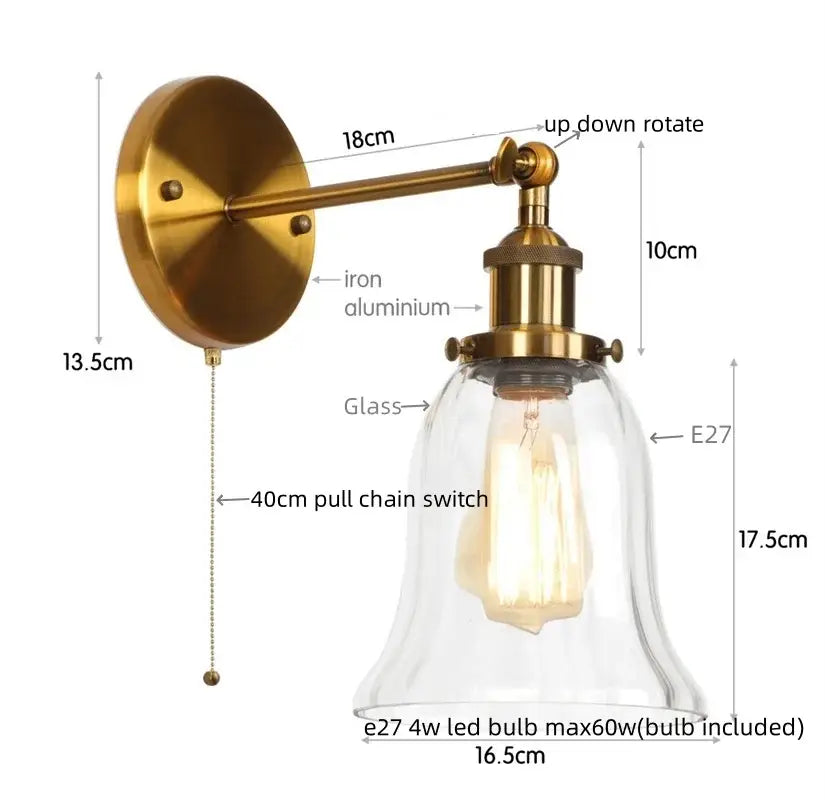 Brass-finished decorbites led glass wall lamp with clear bell shade and e27 led bulb for home decor lighting