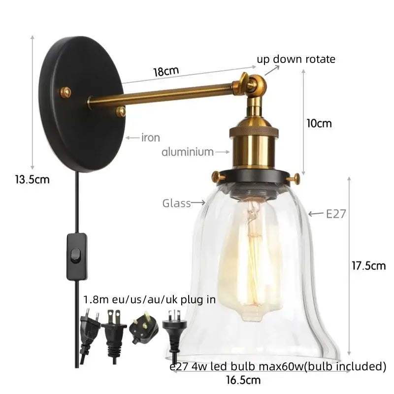 Industrial-style decorbites led glass wall lamp with black iron mount, brass aluminum arm, clear glass shade, e27 led bulb included