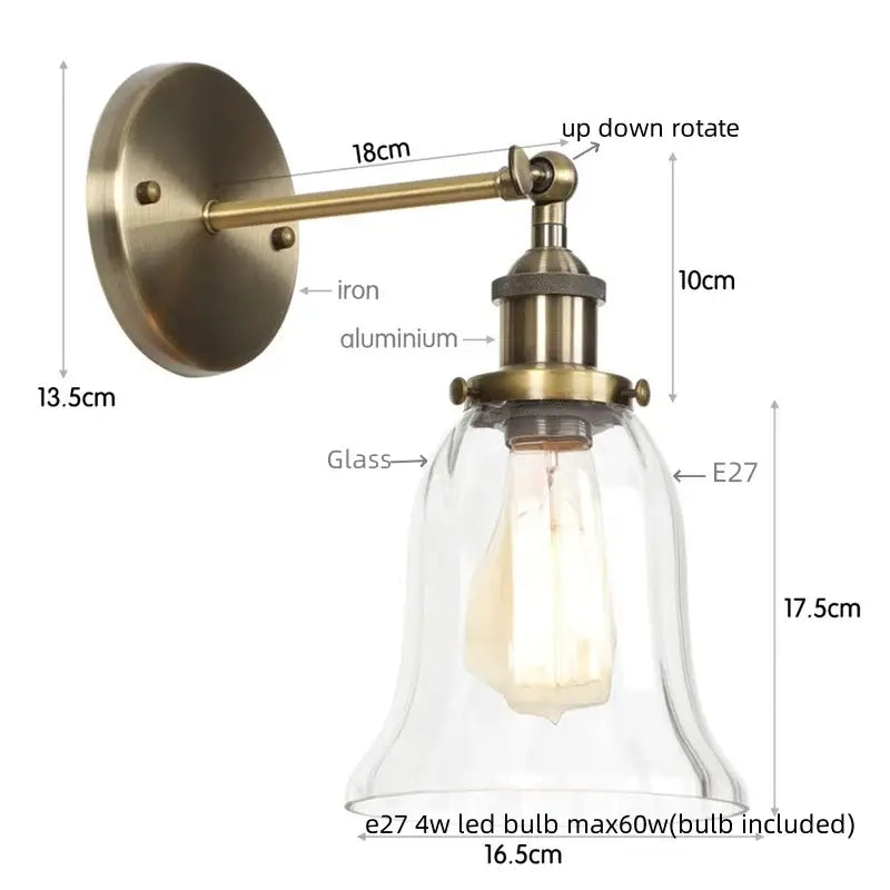 Antique brass-finished decorbites led glass wall lamp with clear glass bell shade and exposed edison-style bulb for home decor
