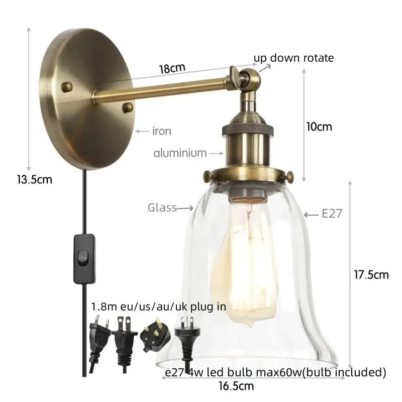 Antique brass finished decorbites led glass wall lamp with clear bell shade and e27 led bulb for industrial stair lighting