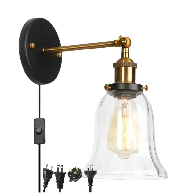 DecorBites™ led glass wall lamp industrial style with black base brass arm clear glass shade and exposed edison bulb
