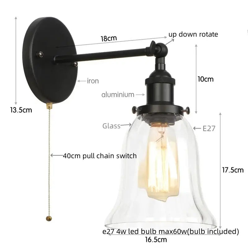 Black iron and aluminum wall lamp with clear glass bell shade and e27 led bulb decorbites led glass stair light fixture