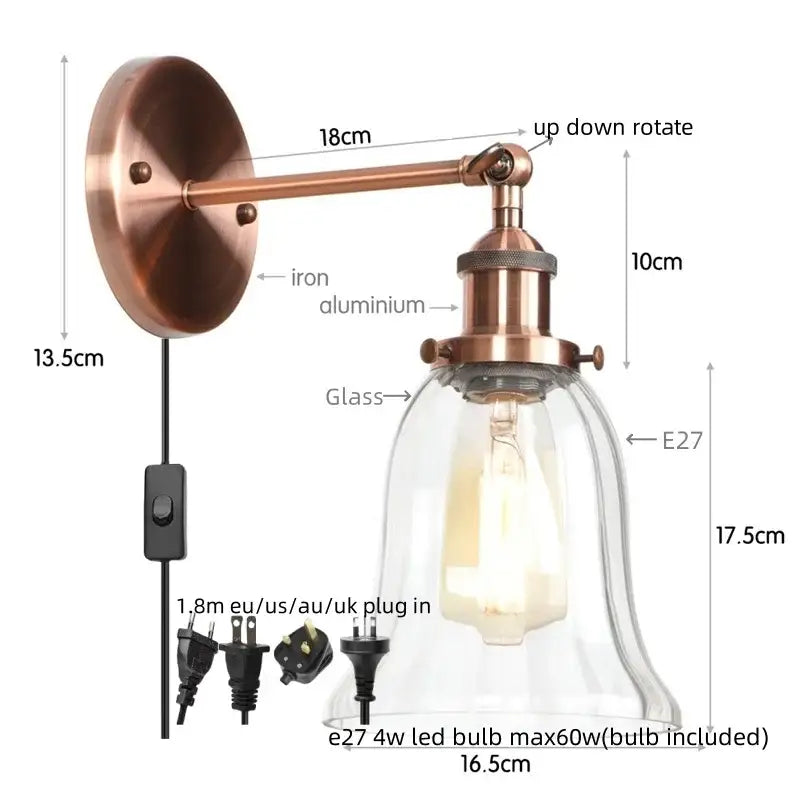 Copper-finished decorbites led glass wall lamp with clear bell-shaped shade and adjustable arm for home decor