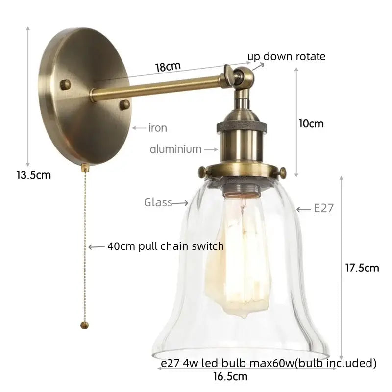 Antique brass-finished DecorBites led glass wall lamp with clear bell-shaped shade and E27 LED bulb for home decor