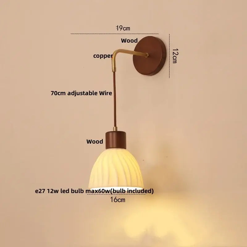 Decorbites led glass wall lamp with a warm-toned ribbed glass shade copper arm and wooden base for modern decor