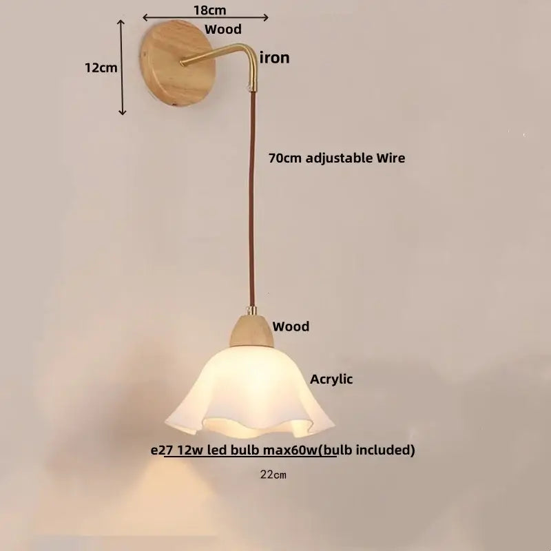 DecorBites led glass wall lamp with warm wooden base and curved iron arm for luxury modern bedroom decor