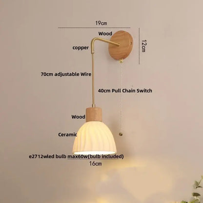 Warm-toned decorbites led glass wall lamp with ribbed ceramic shade on adjustable copper wire arm and wooden fixtures