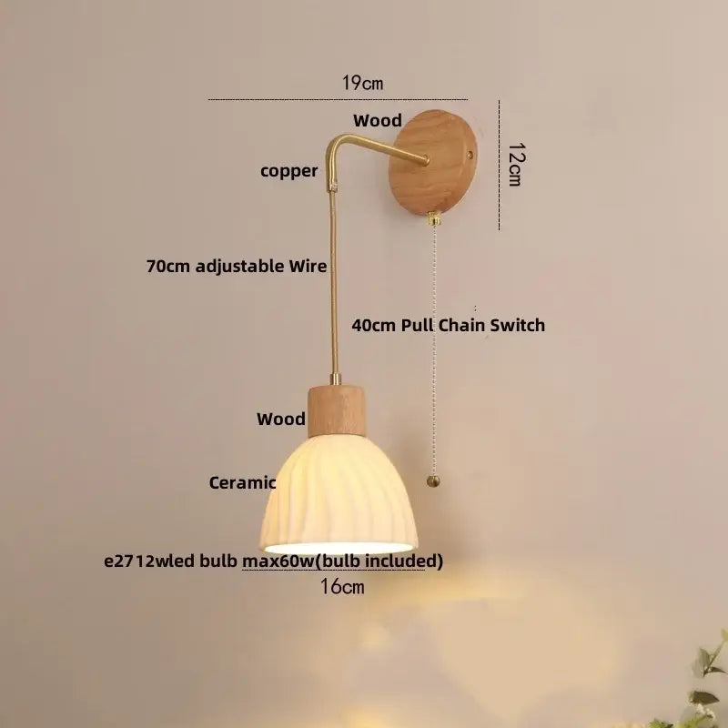 Warm-toned decorbites led glass wall lamp with ribbed ceramic shade on adjustable copper wire arm and wooden fixtures
