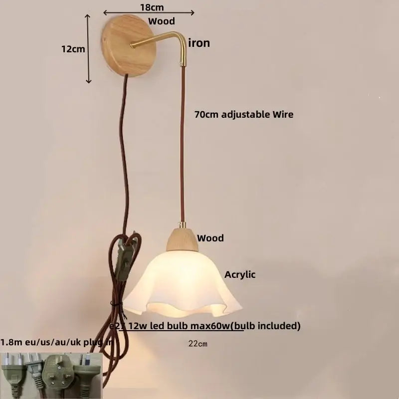 Warm-toned decorbites led glass wall lamp with wooden base brass iron arm and acrylic shade for bedroom decor