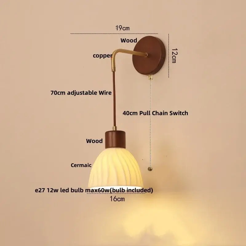 Warm-toned ceramic warm lamp with wooden base copper arm and adjustable wire in decorbites led glass wall lamp