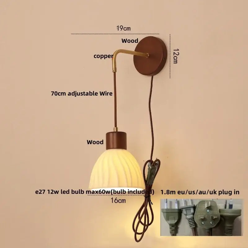 Decorbites led glass wall lamp with warm-toned ribbed glass shade copper arm and wooden base for modern bedroom use