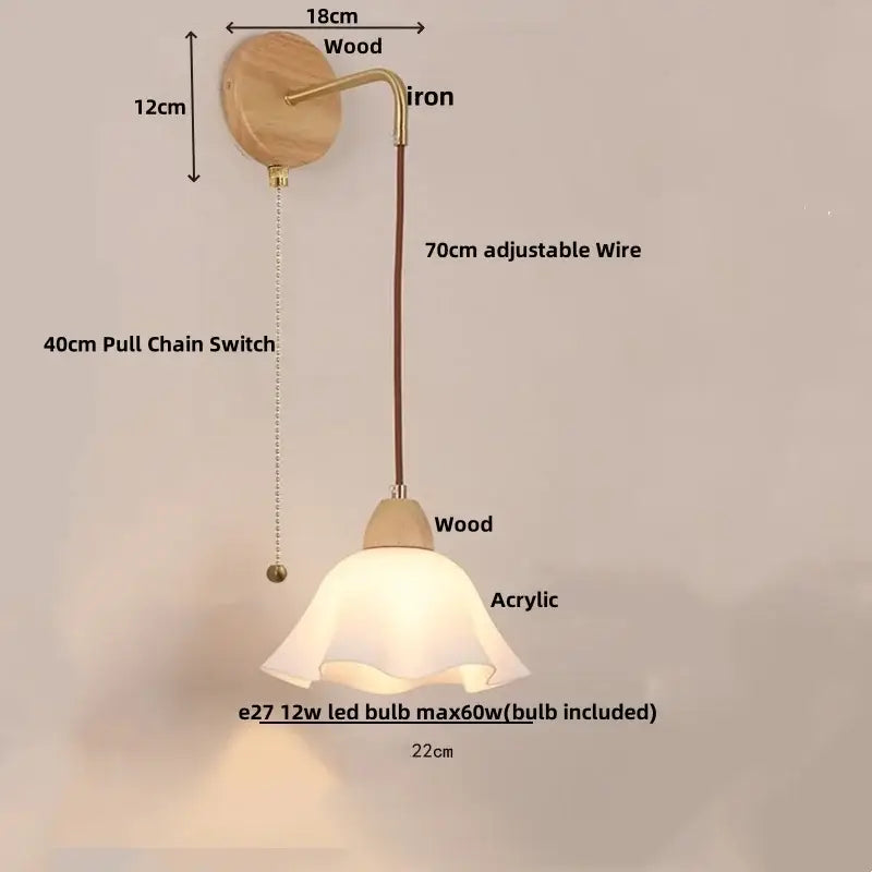 DecorBites™ led glass wall lamp with warm-toned wooden base brass arm and acrylic bell shade for modern decor