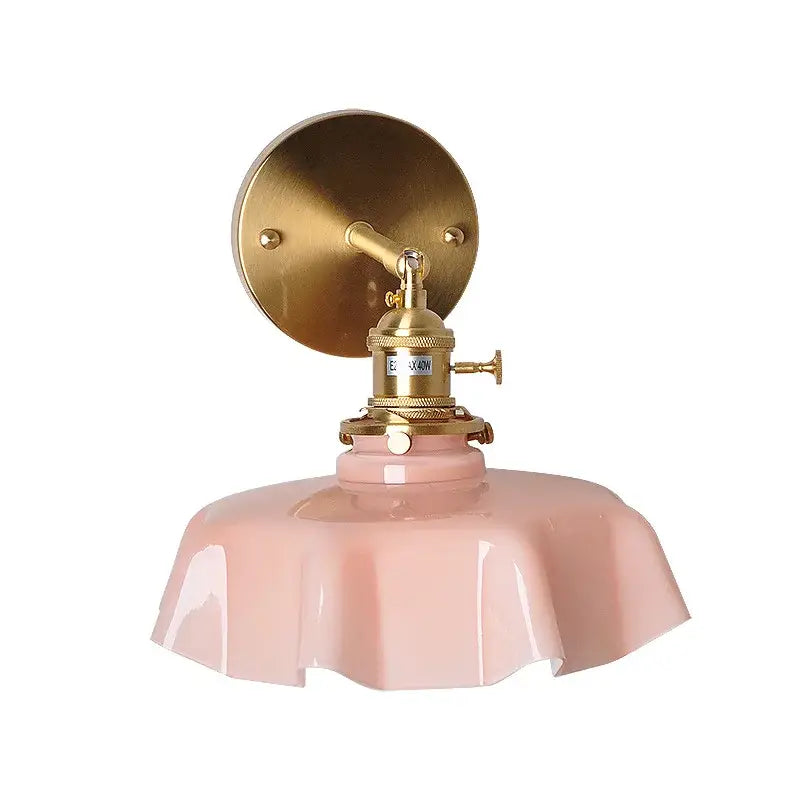 Vintage-style decorbites led glass wall lamp with brass mount and soft pink ruffled glass shade for bedroom living room