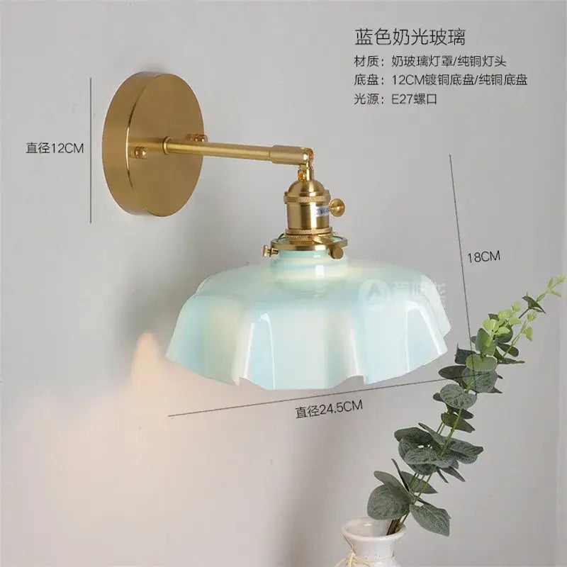 Decorbites led glass wall lamp with blue frosted glass lampshade and brass finish for modern bedroom decor