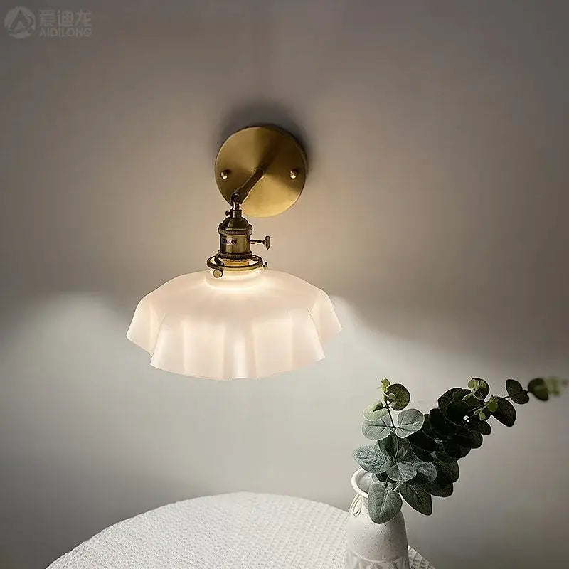 Vintage-style brass wall lamp with frosted ruffled glass shade decorbites led glass wall lamp for bedroom living room